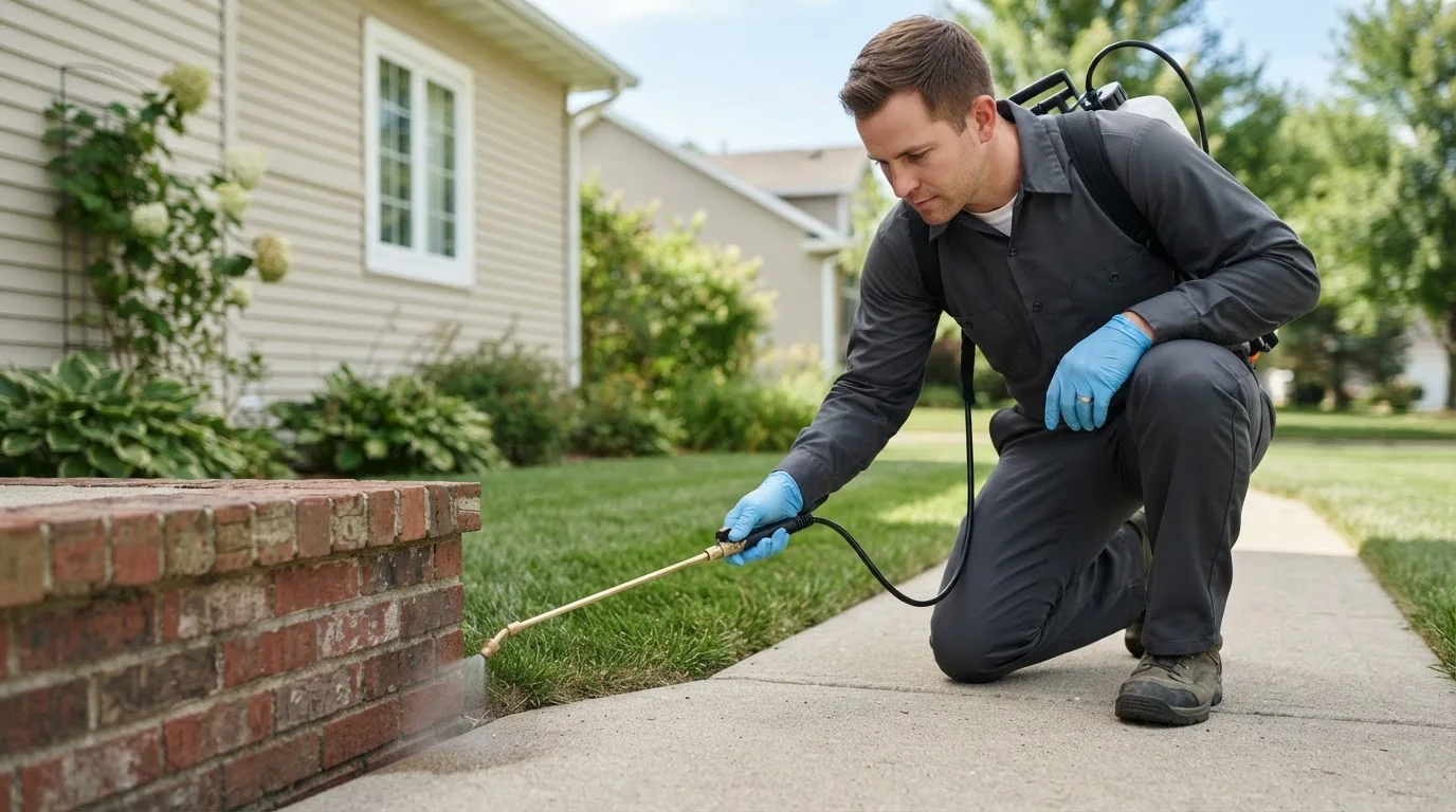 Pest control technician treating a home near Goldthwaite, TX