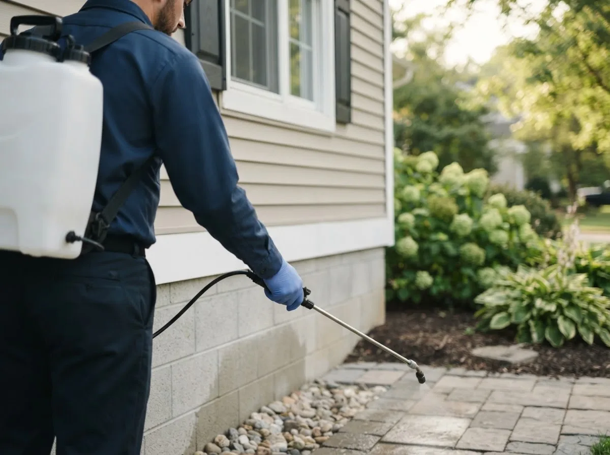 Pest control technician inspecting a home in Goldthwaite, TX